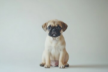 Obraz premium A sweet pug puppy sits patiently, awaiting affection against a soft, neutral background.