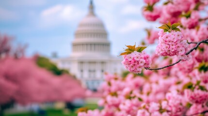 Elegant The United States Capitol framed by cherry blossoms in full bloom capturing the beauty of spring in Washington DC 