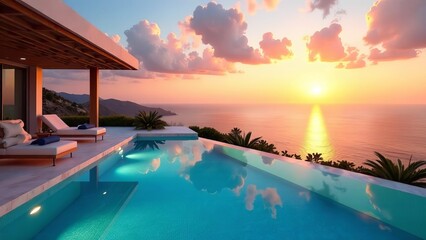 Fototapeta premium swimming pool at sunset, Panoramic pool, sea view, sunset sun