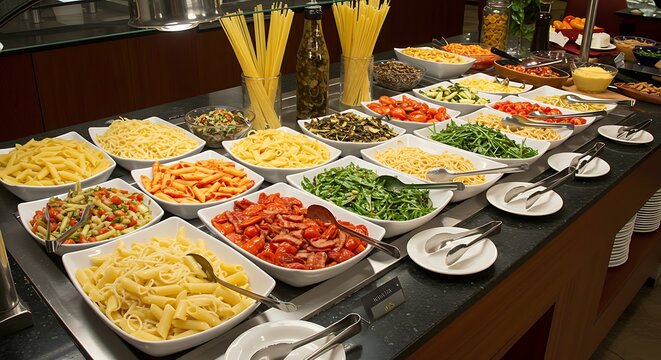A buffet station with different kinds of pasta, sauces, and toppings for customization.