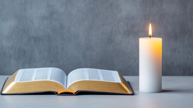 Elegant A Bible open to the Book of Matthew with a lit candle beside it representing spiritual reflection and devotion during Lent 