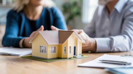 A couple discussing mortgage options with a banker, with a house model on the table,