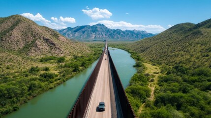 Elegant A bridge over the Rio Grande River connecting the US and Mexico with border control stations on both sides and vehicles lined up for inspection 
