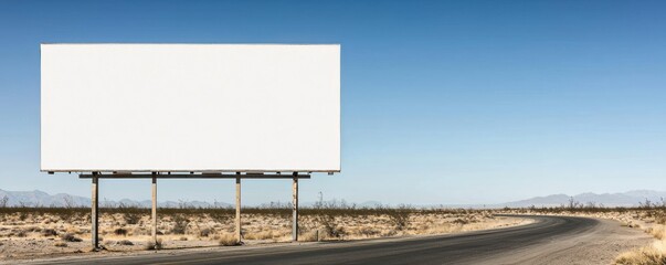 Obraz premium A blank billboard stands alone by a winding road in a vast desert landscape.