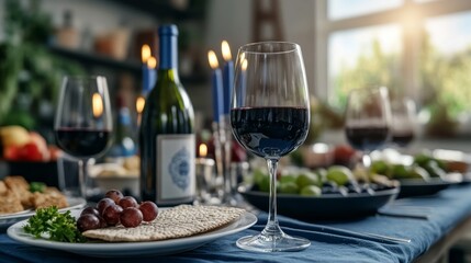 Elegant A candlelit Passover Seder table with elegant wine glasses traditional foods and a beautifully embroidered matzah cover 