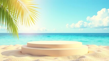 Fototapeta premium Beach podium summer background sand product marine display platform. White clouds.