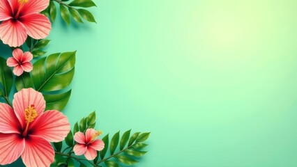 Obraz premium Background decorated with hibiscus flowers and tropical leaves on a light green background.