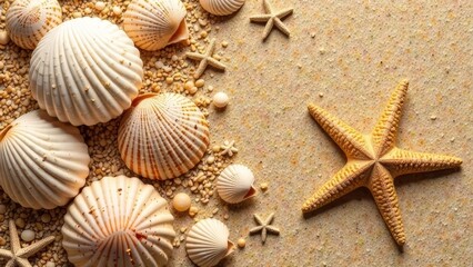 
Top view of sandy beach with shells and starfish