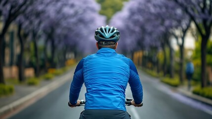 Elegant A cyclist leisurely riding down a jacaranda lined street the purple blossoms forming a breathtaking natural tunnel overhead 