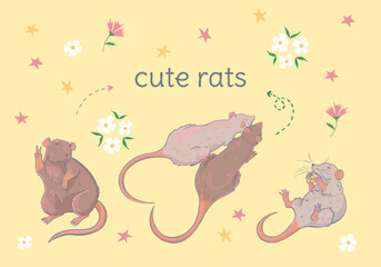 animal, art, beautiful, card, cartoon, character, cute, decoration, design, drawing, element, fabric, flower, funny, illustration, little mouse, mammal, mouse, pattern, rats, vector