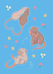 Set of stickers with cute rats with flowers and stars. Spring illustration