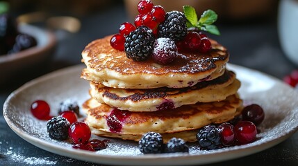 Cottage cheese pancakes syrniki with fresh berries for breakfast