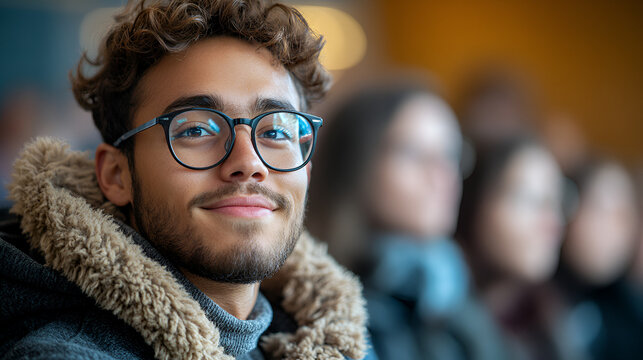 Young man's warm smile kind eyes, confidently ahead cozy hood, soft natural light, friendly approachable gaze