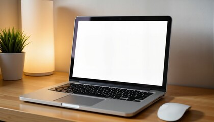 Fototapeta premium Laptop on wooden desk with plant and lamp