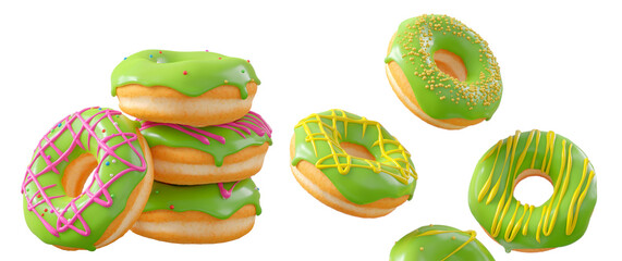 Donuts with green kiwi glaze, sprinkles, white drizzle, and dots isolated on white transparent background. 3d rendering and illustration of dessert variety
