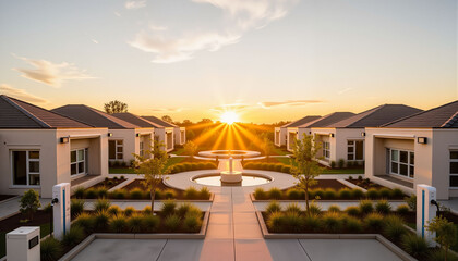 Fototapeta premium Modern houses at sunset with landscaped garden