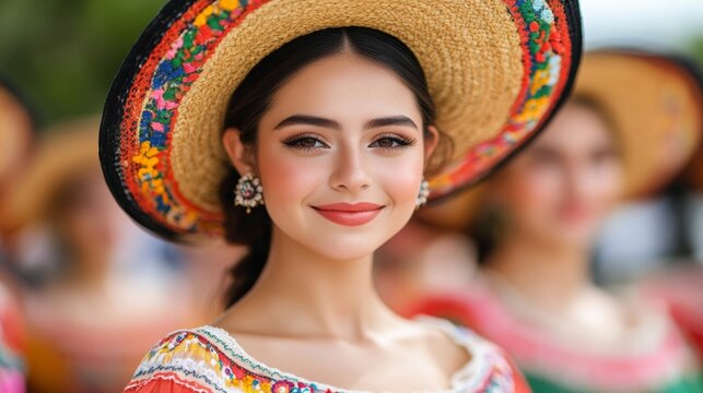 Elegant A group of dancers performing the Jarabe Tapatio in a Cinco de Mayo parade wearing traditional sombreros and beautifully embroidered dresses 