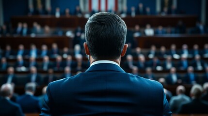 Fototapeta premium Elegant A journalist taking notes in the press gallery above a joint session of Congress capturing a moment of political history 