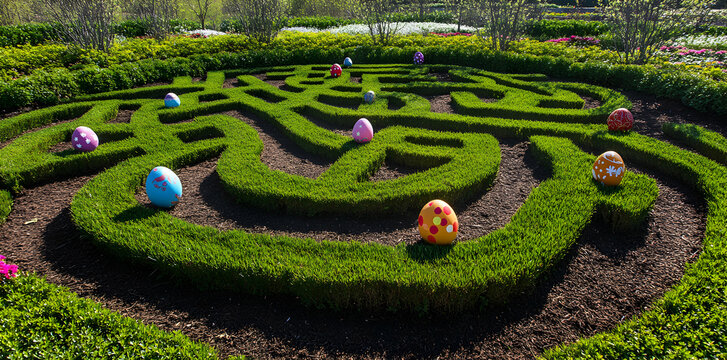 An Easter egg hunt maze constructed from green hedges with a variety of brightly decorated eggs scattered within the winding paths.