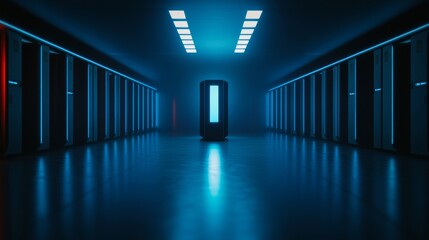 Elegant A neon blue quantum computer standing in the center of a high tech laboratory surrounded by data streams and futuristic control panels 