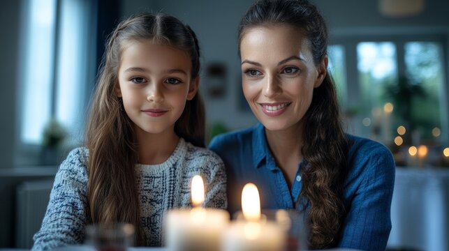 Elegant A mother and daughter lighting Shabbat candles before the Passover meal with warm golden light filling the cozy dining room