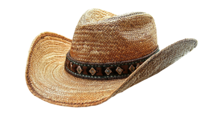 Stylish straw cowboy hat featuring intricate band design for outdoor adventures