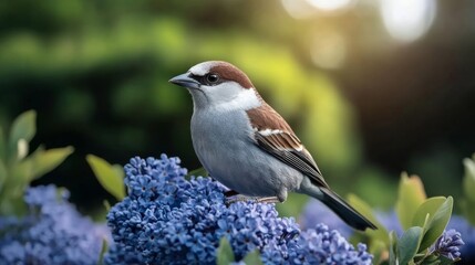 Obraz premium Elegant A small bird perched delicately on a jacaranda branch surrounded by clusters of vibrant purple flowers swaying in the breeze 