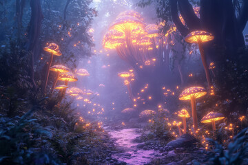 Fototapeta premium a nystical forest with glowing mushrooms and ethereal light,fantasy art style