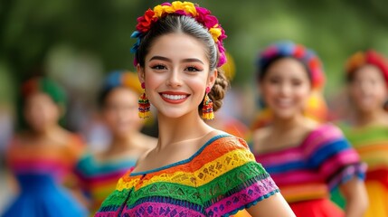 Fototapeta premium Elegant A vibrant Cinco de Mayo parade with dancers in colorful folkloric dresses twirling in the streets surrounded by cheering crowds and festive decorations 