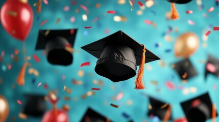 Elegant A vibrant scene of caps flying high with confetti and balloons capturing the festive atmosphere of a graduation celebration 