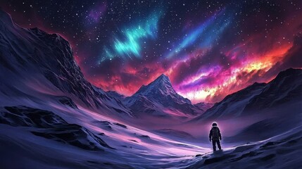 An astronaut stands on a vast frozen landscape adorned with thick layers of snow and ice.