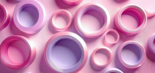 Pink and purple abstract background with white texture in geometric circles and ring pattern design. Abstract pink and blue neon light rings. Iridescent crystal ring with pink gradient texture.
