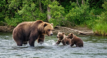 A Mother Bear Teaching Her Cubs How to Catch Fish in a Fast-Moving River.