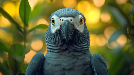 Majestic african grey parrot stares, vibrant yellow eyes captivating, soft blurred green, serene intelligent presence