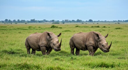 Fototapeta premium A Pair of Rhinos Standing Majestically in the Tall Grass, a Symbol of Conservation 