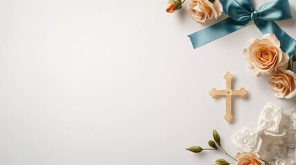 Baptism Invitation Template  Roses  Cross    Ribbon