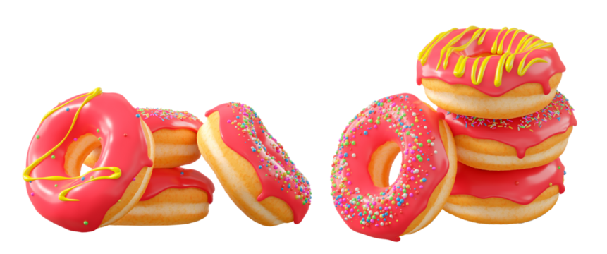 Donuts with red fruit glaze, sprinkles, white drizzle, and dots isolated on white transparent background. 3d rendering and illustration of dessert variety
