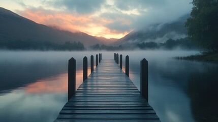 Fototapeta premium Misty sunrise lake pier, calm mountains