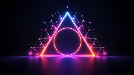 Glowing Neon Triangle and Circle Composition Over Jet with White Background a?" A stylish, minimalistic layout of neon geometric forms, emitting a vibrant glow against a smooth white canvas.