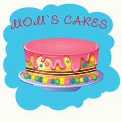 Pink cake with cream. Vector illustration