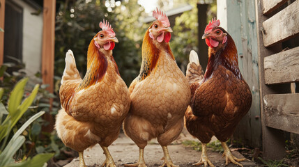 Chickens standing together in garden, showcasing their vibrant feathers and lively expressions