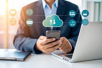 Business Professional Using Smartphone with Cloud Computing Overlay in Office