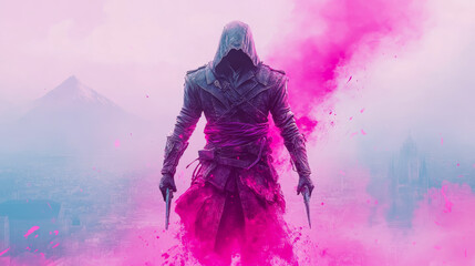 Fototapeta premium Cloaked Assassin in a vaporwave Cityscape with Guns