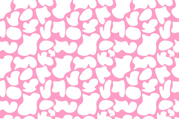 Creative abstract seamless pattern, white elements on  solid pink background. Spots, irregular oval, polka dots, abstract shapes. For background, packaging, textiles, website.
