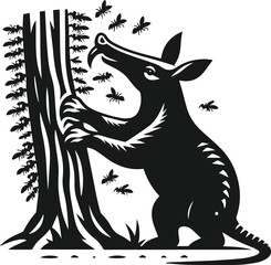 Aardvark licking ants off a tree trunk animal silhouette vector