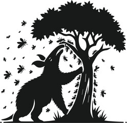 Aardvark licking ants off a tree trunk animal silhouette vector