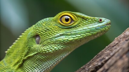 Obraz premium Emerald Gaze: A close-up portrait of a vibrant green lizard, showcasing its detailed scales and piercing yellow eye, perched on a branch, capturing a moment of serene observation.