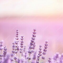Obraz premium Lavender Serenity: A Field of Purple Blossoms Under a Soft Pink Sky