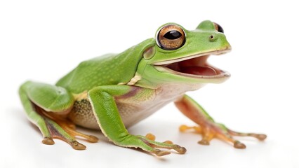 Obraz premium Vibrant Frog Portrait: A close-up studio shot of a lively green frog with striking features and an open mouth.