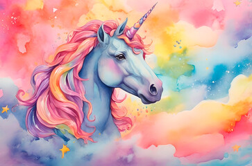 Cute watercolor unicorn. Beautiful watercolor illustration. Magic trendy pink cartoon horse perfect for nursery print and poster design.